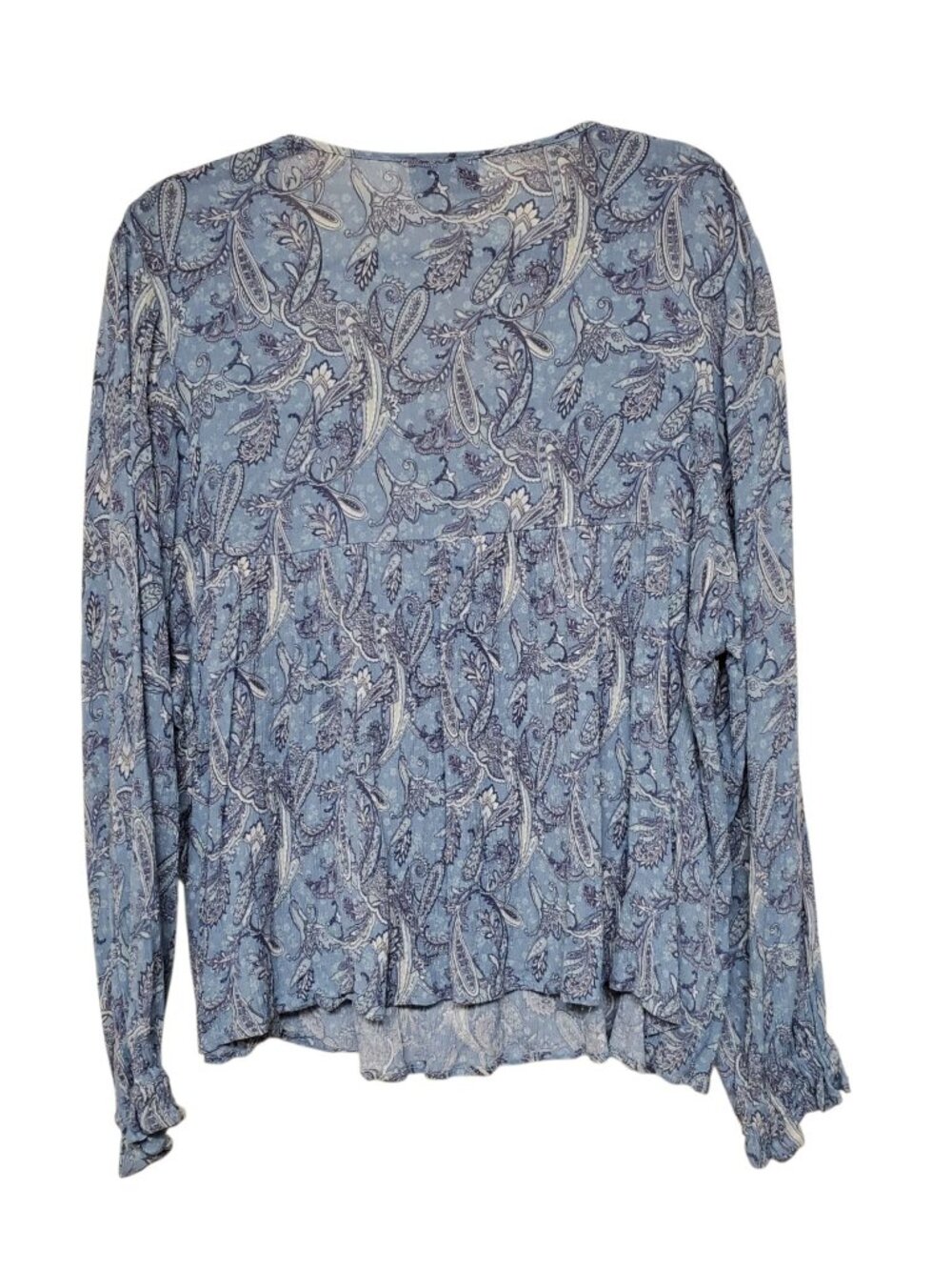 Vici Women's Light Blue Boho Paisley Tie Neck Crinkle Peasant Top Whimsy L - Picture 7 of 7